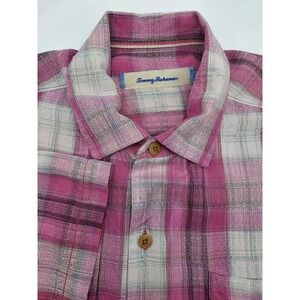 Tommy Bahama Silk Button Up Shirt Plaid Short Sleeve Casual Pink L 100% Silk